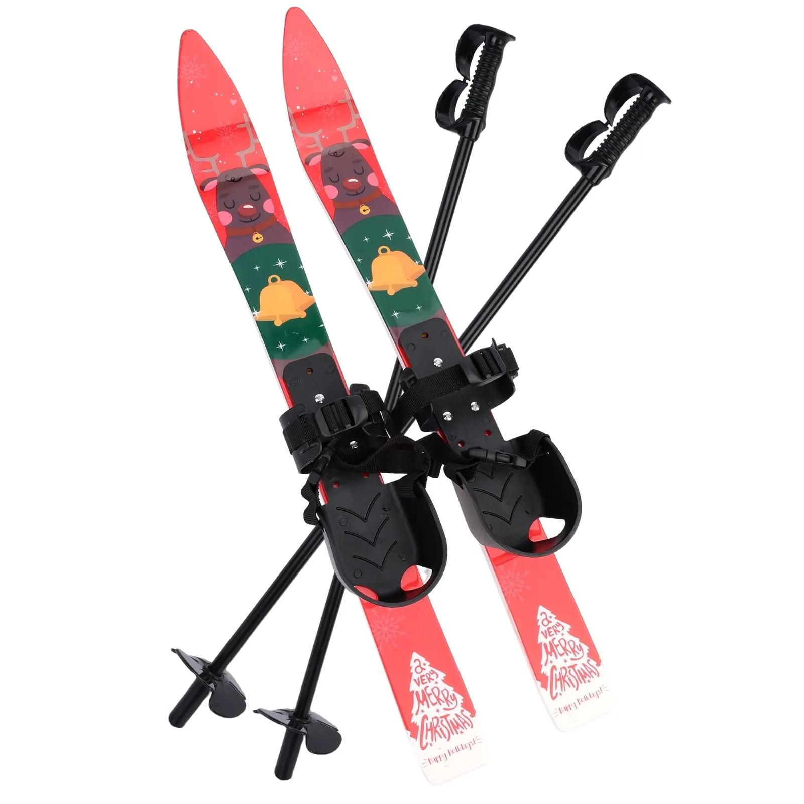 everyday Kid Beginner Snow Skis and Poles, Low-Resistant Ski Boards for Age 4 and Under, Lightweight Sturdy Safe Kids Skiing Equipment, with Christmas Themed Pattern, Adjustable Buckle