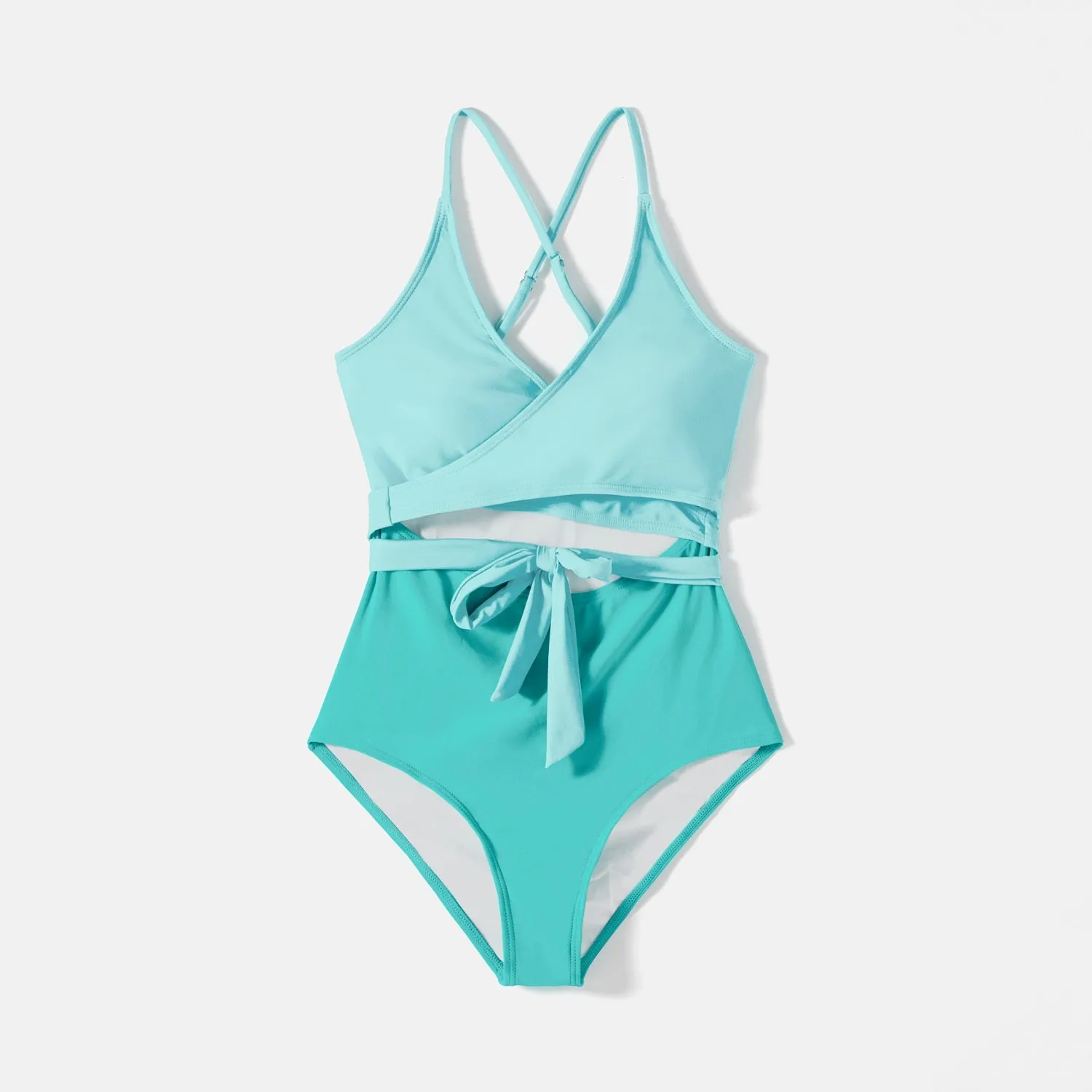 Family Matching Swimsuit Colorblock Front Tie Cut out One-piece Swimsuit and Swim Trunks