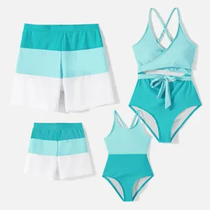 Family Matching Swimsuit Colorblock Front Tie Cut out One-piece Swimsuit and Swim Trunks