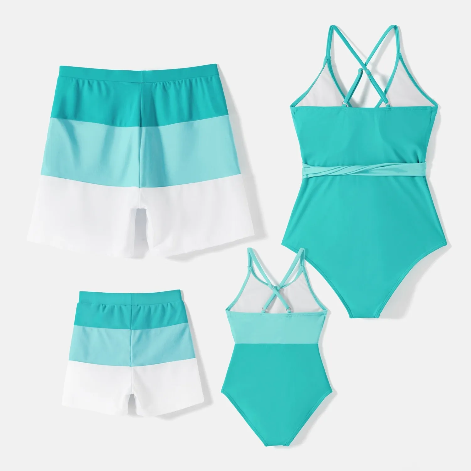 Family Matching Swimsuit Colorblock Front Tie Cut out One-piece Swimsuit and Swim Trunks