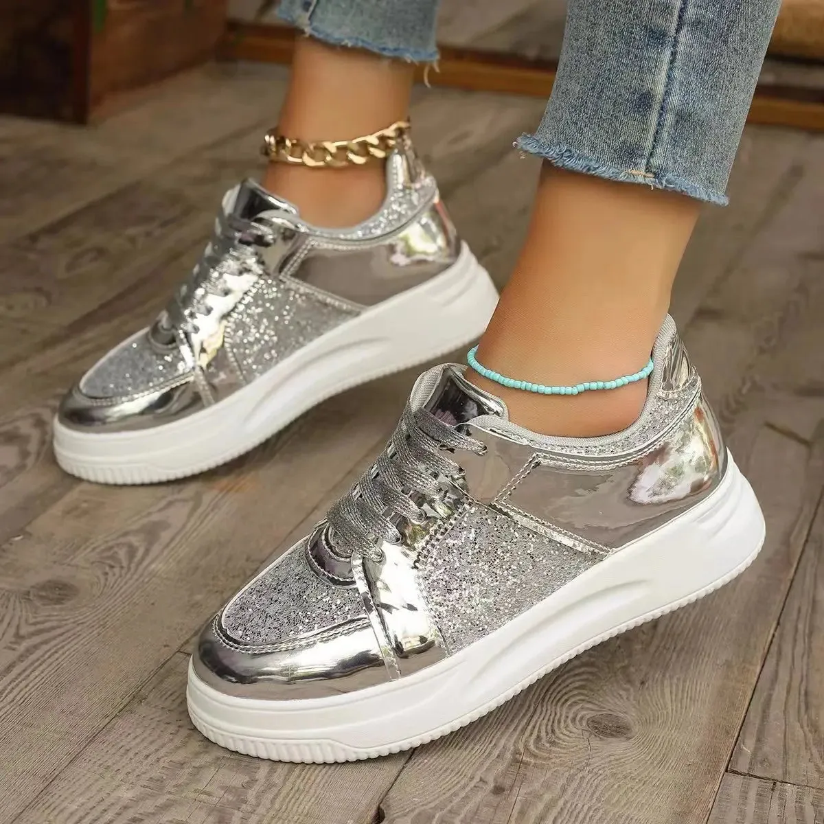 Funki Buys | Shoes | Women's Gold Sequins Platform Sneakers