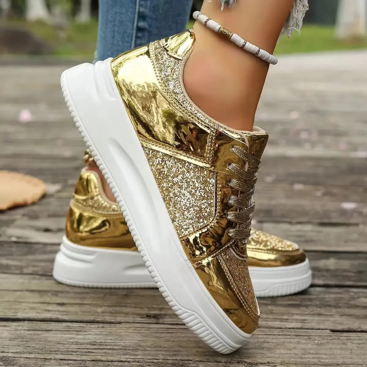 Funki Buys | Shoes | Women's Gold Sequins Platform Sneakers