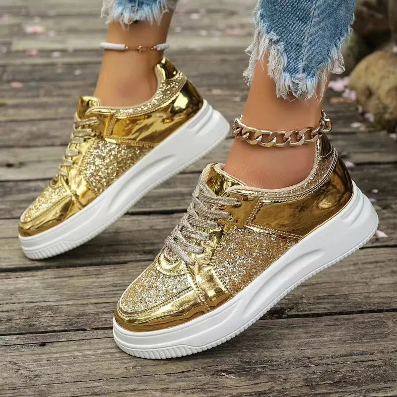 Funki Buys | Shoes | Women's Gold Sequins Platform Sneakers