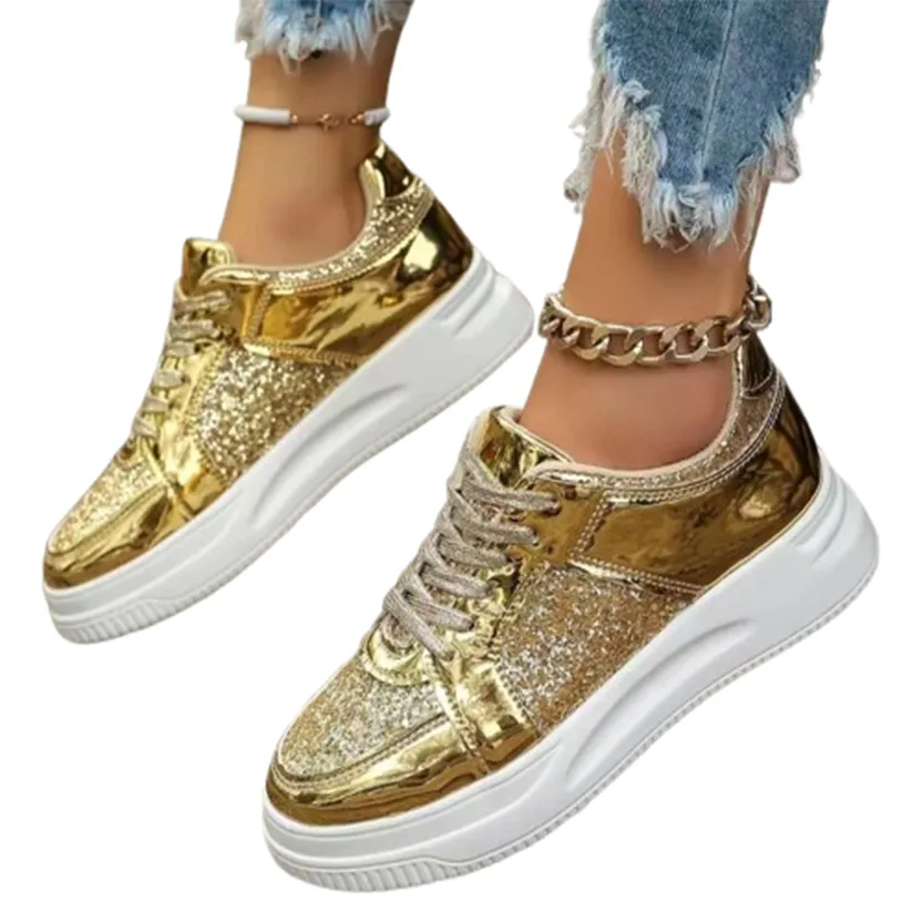 Funki Buys | Shoes | Women's Gold Sequins Platform Sneakers