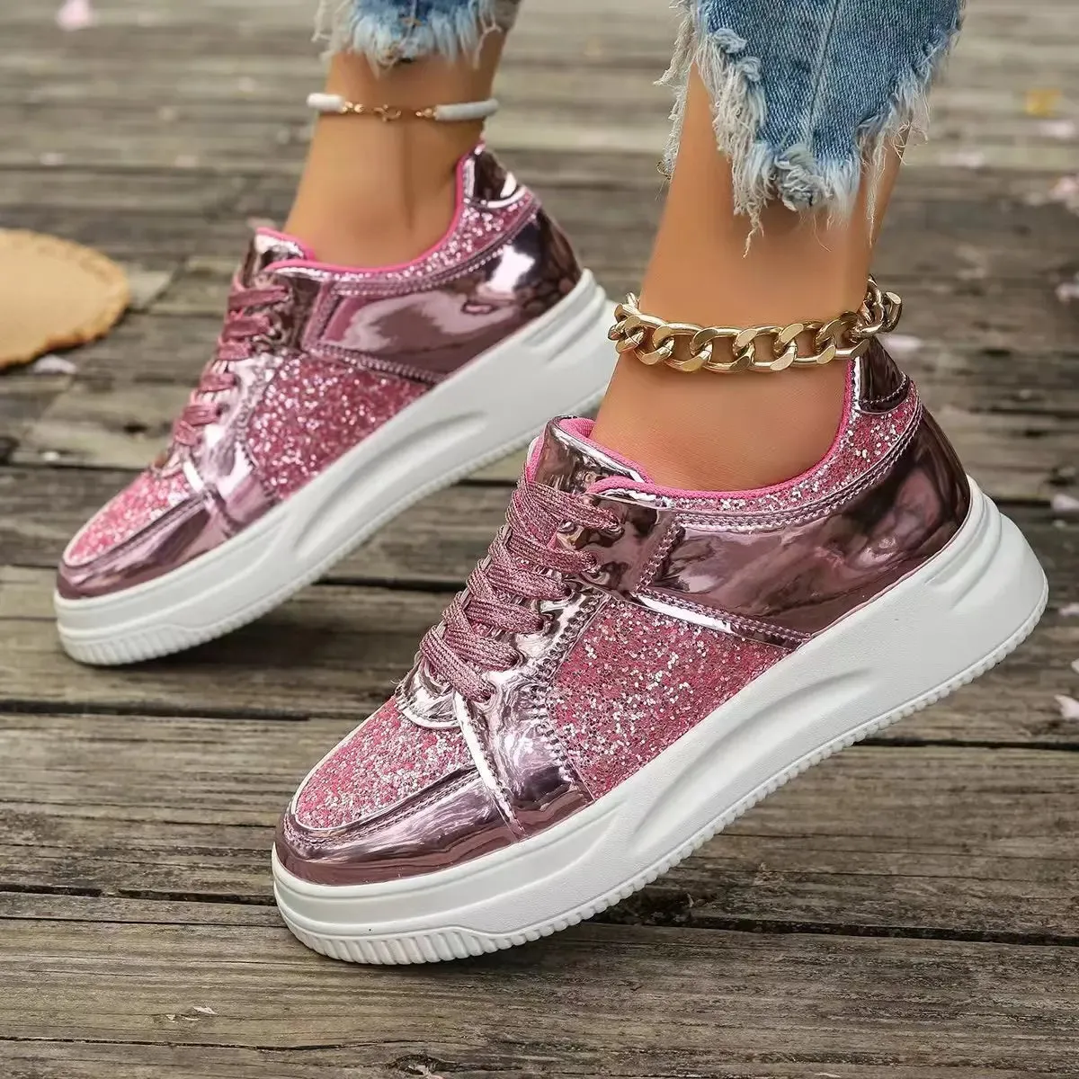 Funki Buys | Shoes | Women's Gold Sequins Platform Sneakers