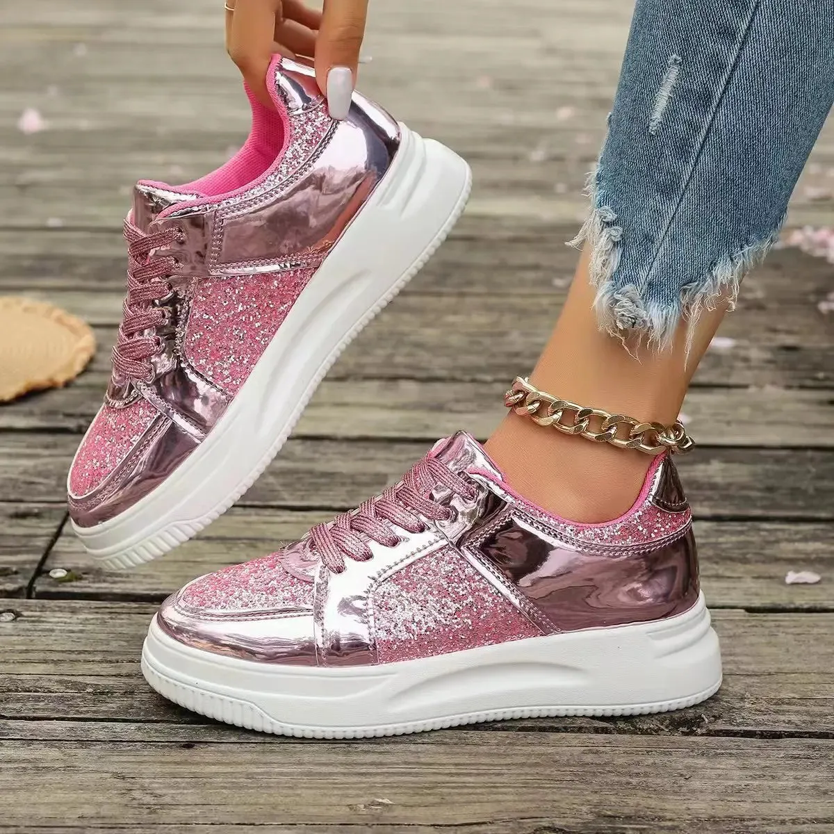 Funki Buys | Shoes | Women's Gold Sequins Platform Sneakers