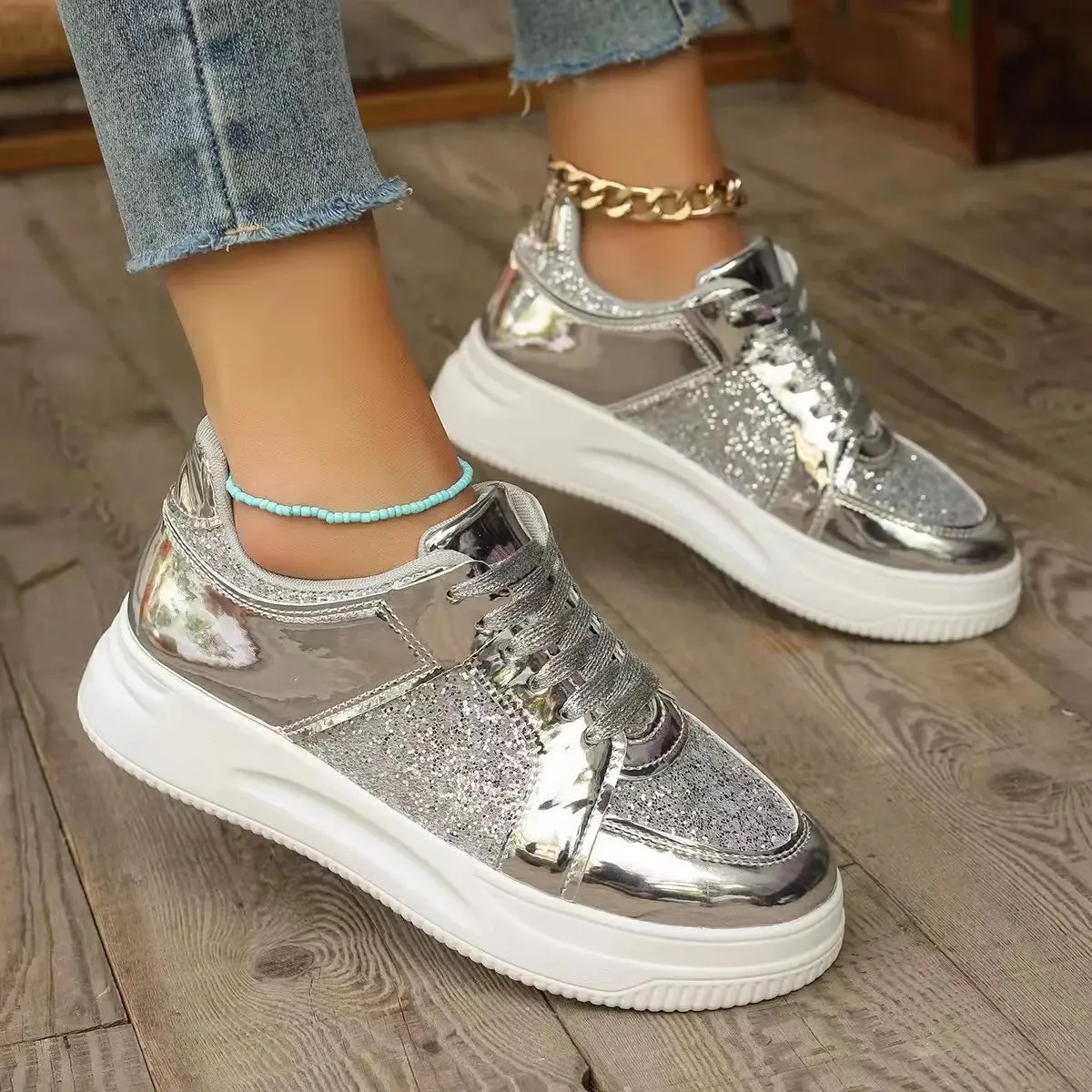 Funki Buys | Shoes | Women's Gold Sequins Platform Sneakers