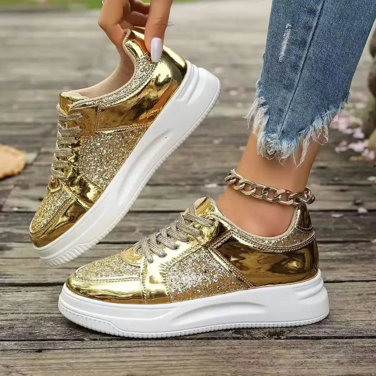 Funki Buys | Shoes | Women's Gold Sequins Platform Sneakers