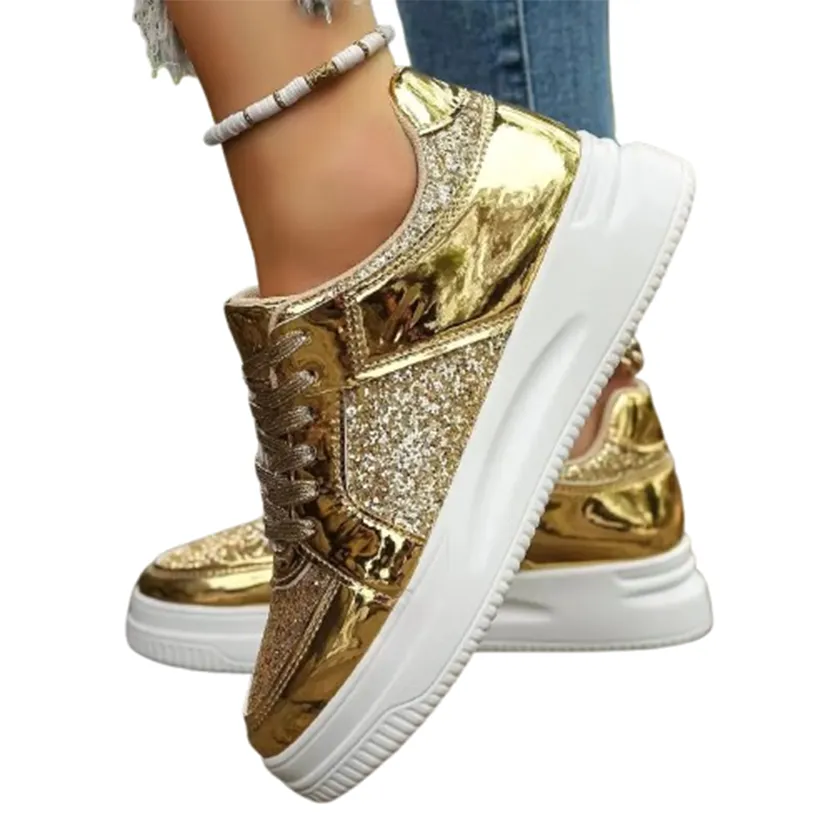 Funki Buys | Shoes | Women's Gold Sequins Platform Sneakers