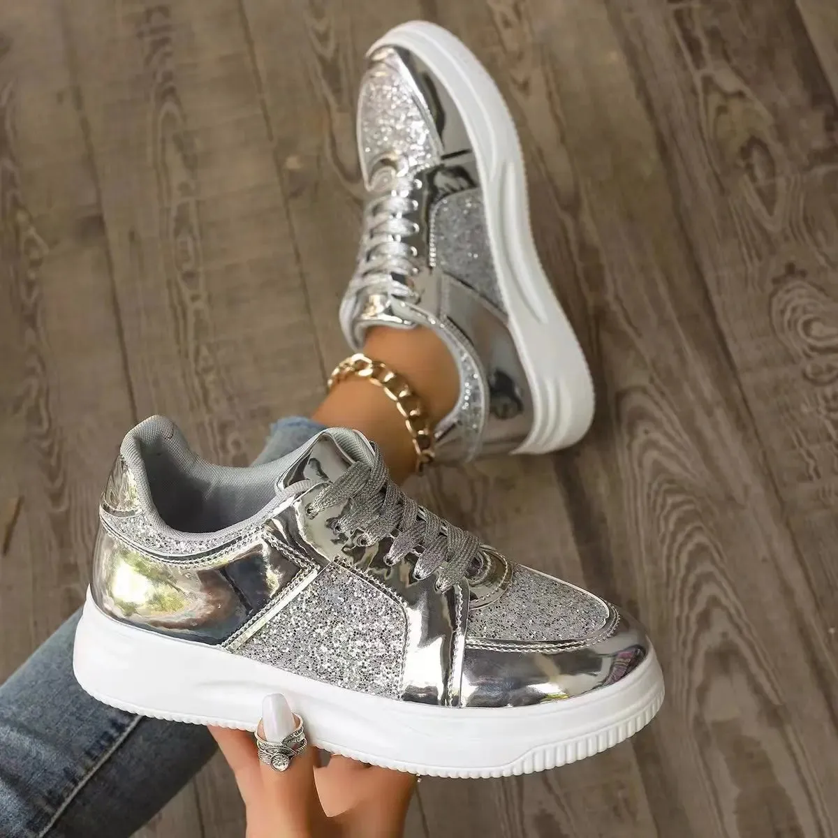 Funki Buys | Shoes | Women's Gold Sequins Platform Sneakers