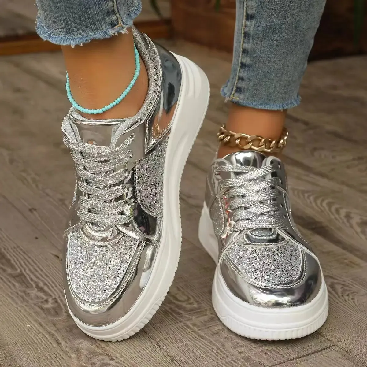 Funki Buys | Shoes | Women's Gold Sequins Platform Sneakers