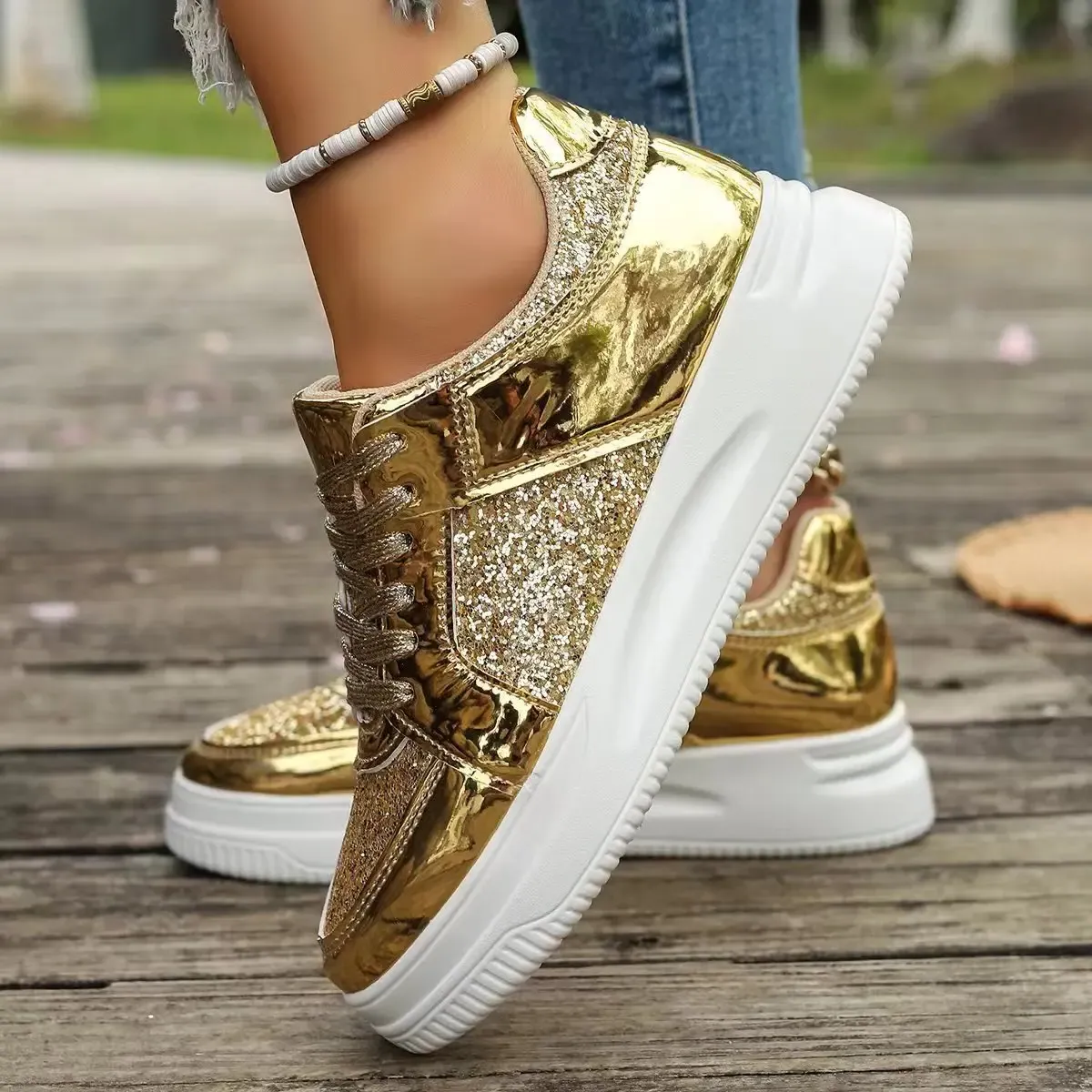 Funki Buys | Shoes | Women's Gold Sequins Platform Sneakers