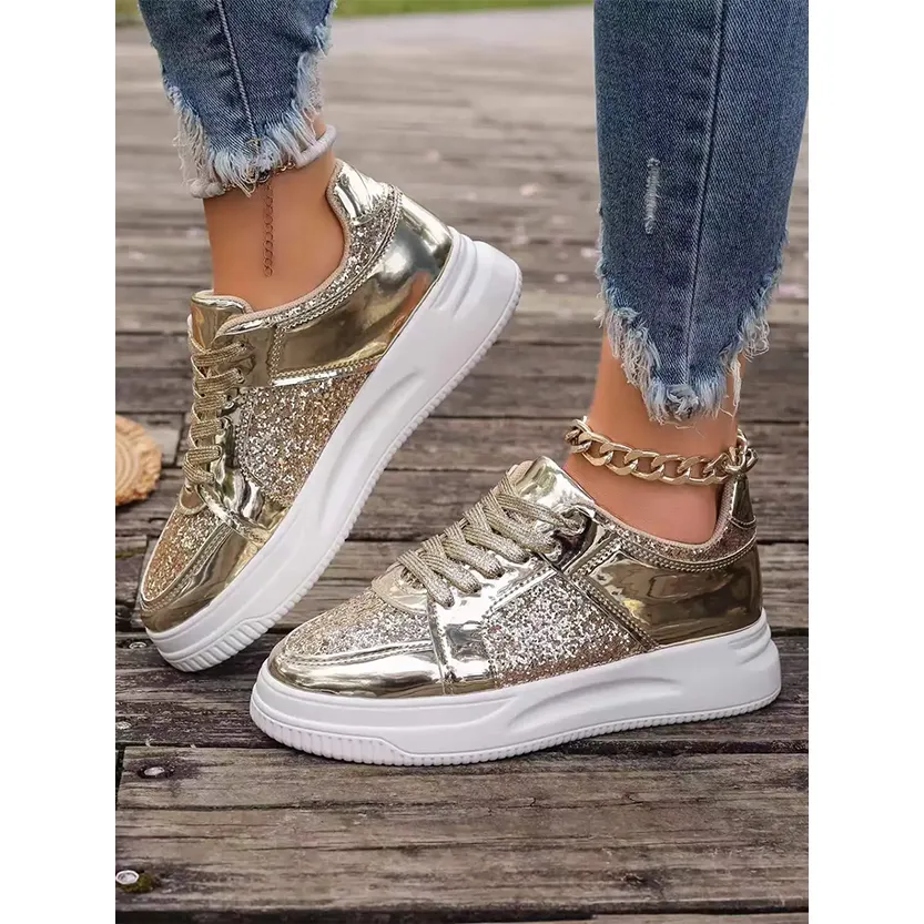 Funki Buys | Shoes | Women's Gold Sequins Platform Sneakers