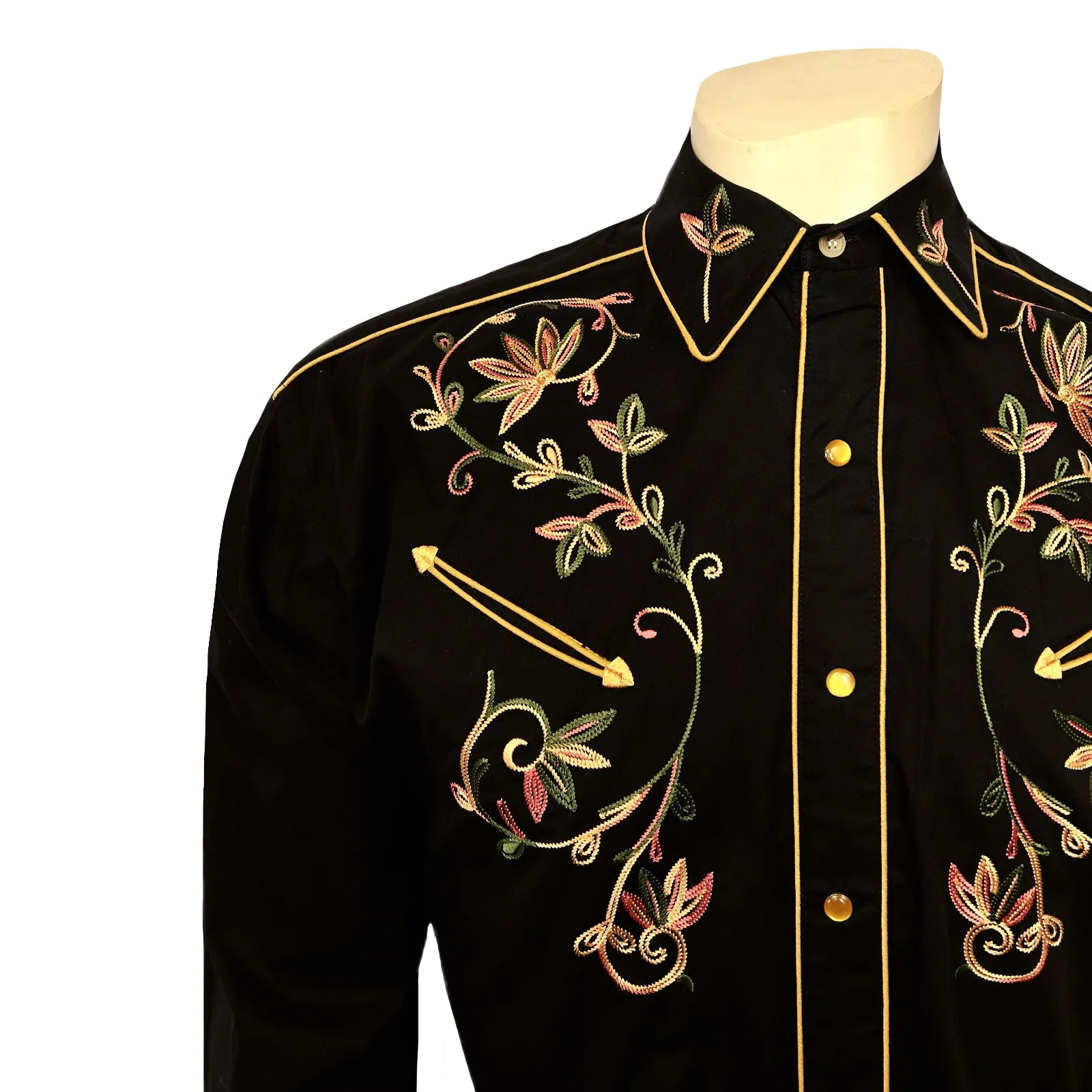 Men's Black Vintage Variegated Floral Embroidered Western Shirt