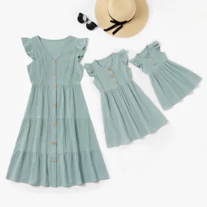 Mommy and Me Family Matching Dress Solid Color Ruffle Dress