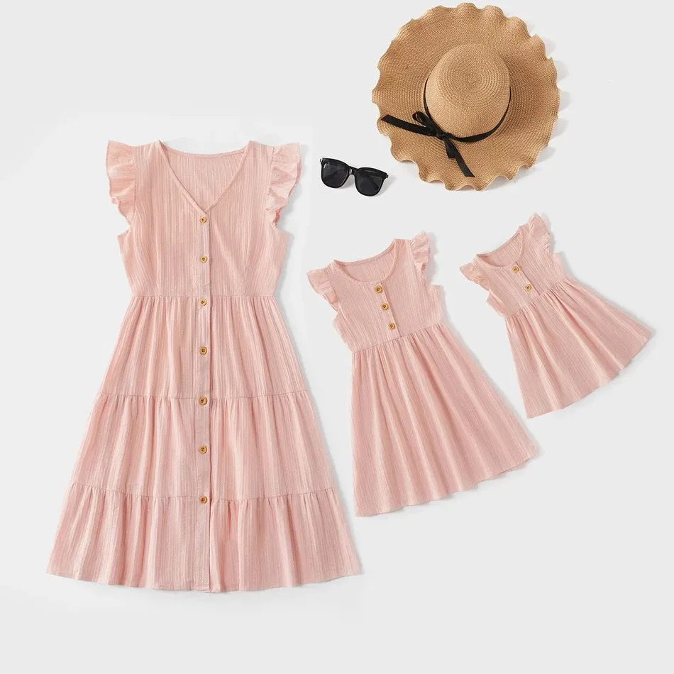 Mommy and Me Family Matching Dress Solid Color Ruffle Dress