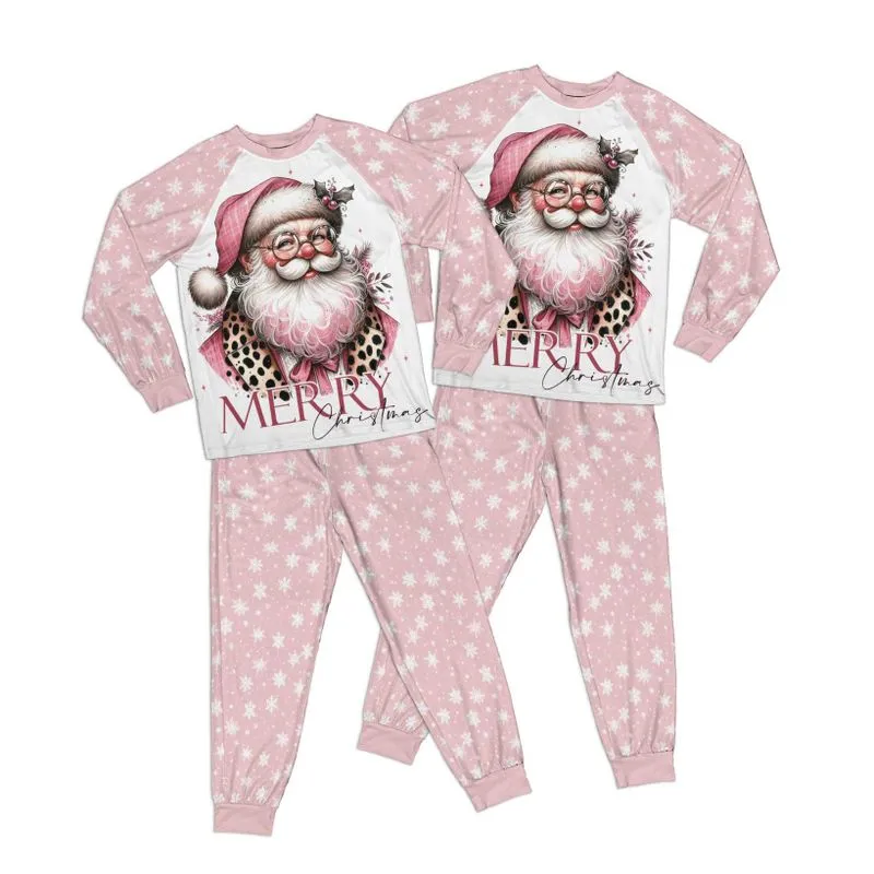 Pink Christmas Snowflake Santa Kid Pajamas Set Matching