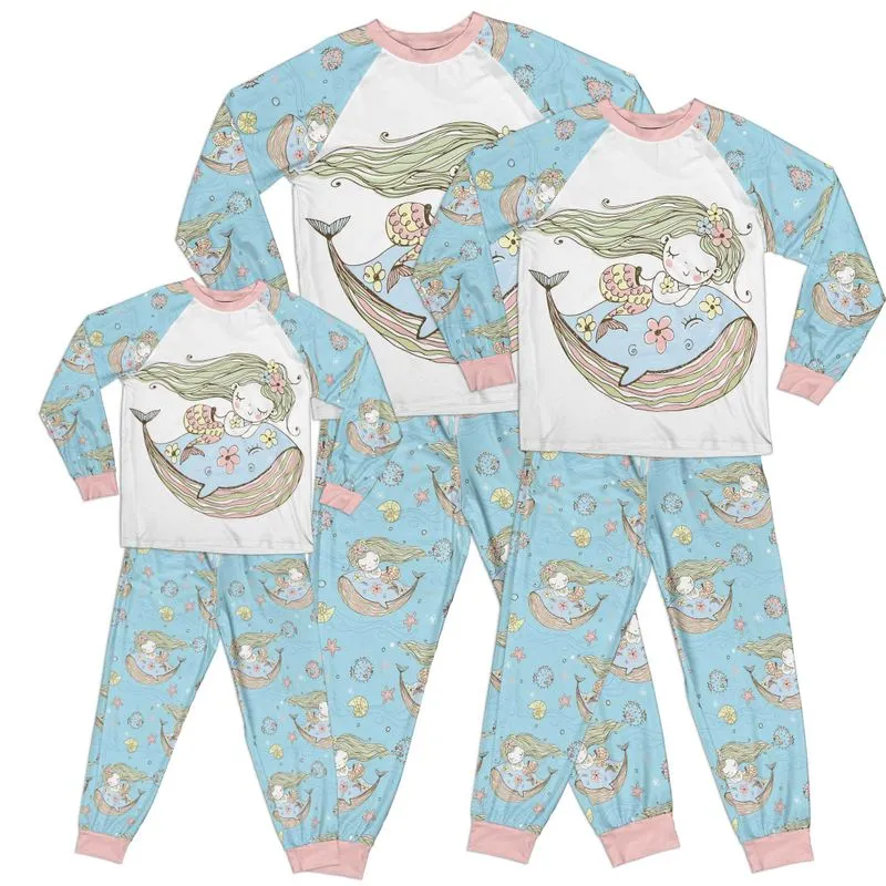 Whimsical Mystical Girl Whale Blue Adult Pajamas Set Matching