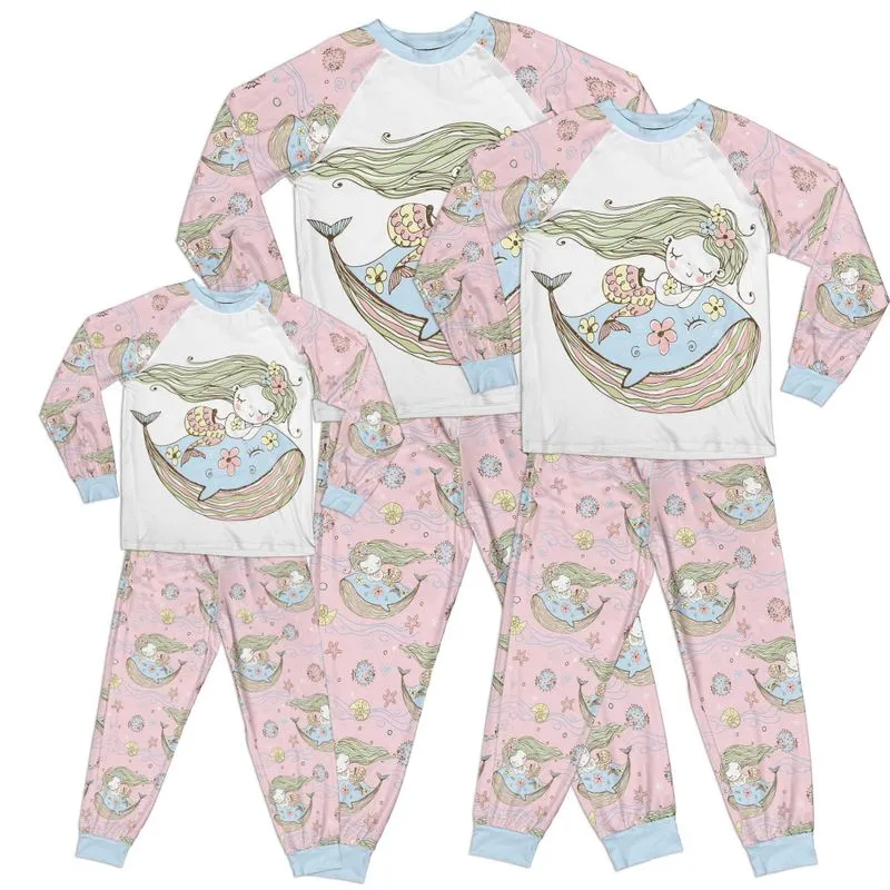 Whimsical Mystical Girl Whale Pink Kid Pajamas Set Matching