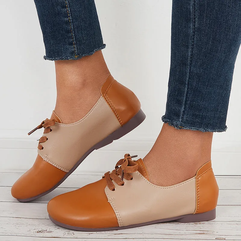 Women Round Toe Splicing Flats Low Top Lace Up Casual Shoes