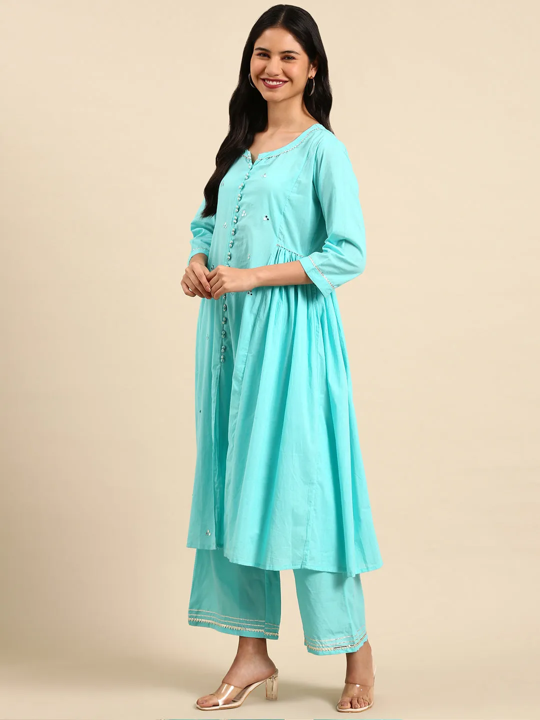 Women Solid Blue Anarkali Kurta Set with Dupatta